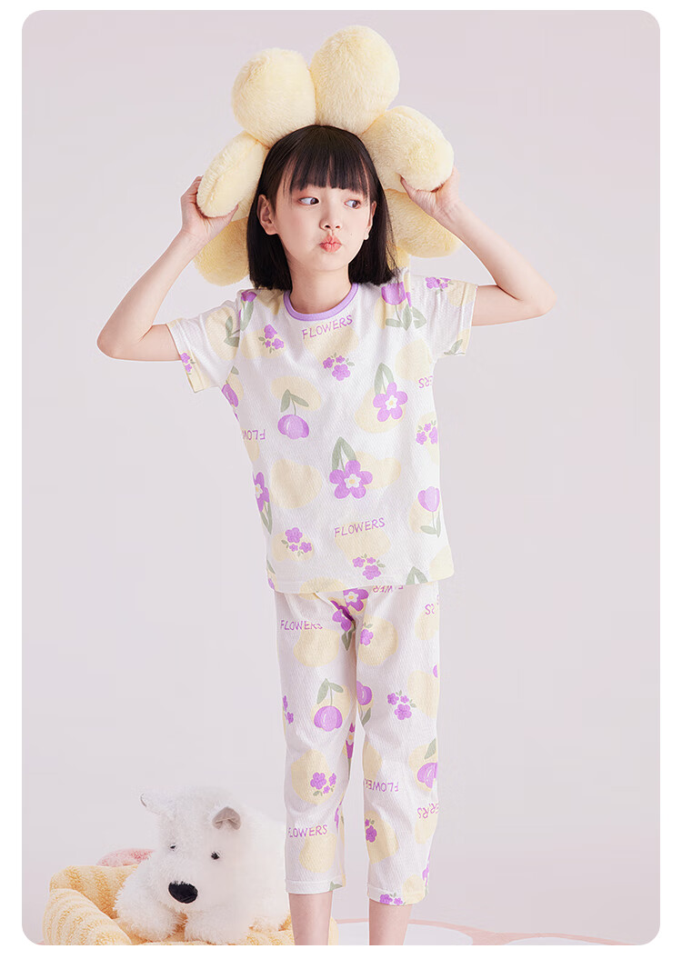 DEESHA Girls' Pajamas, Spring And Summer Thin Mesh Breathable Antibacterial Pure Cotton Air Conditioning Wear, for Older Children's Home Wear Set 3