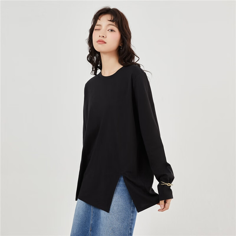 Женская футболка Giordano с длинным рукавом, весна 2026, из 100% хлопка, с разрезом по бокам, свободный круглый вырез, топ 05324800