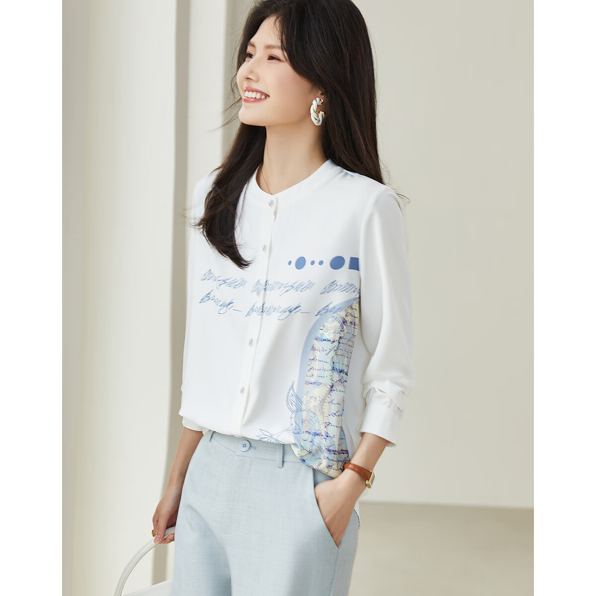 Dme [Romantic Paris] Spring And Autumn Round Neck Chiffon Blouse, Long Sleeve Printed Shirt, Women's Top
