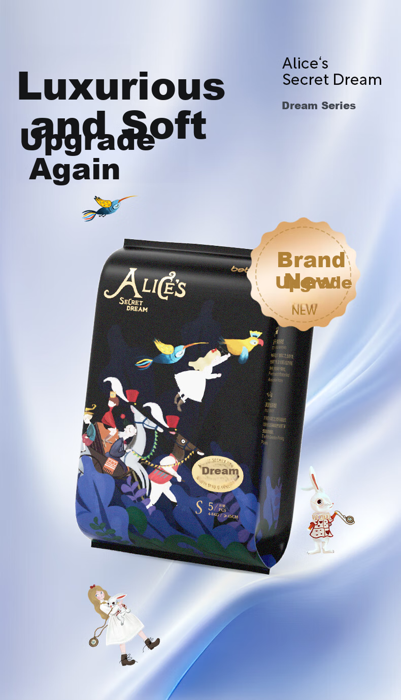 Bebetour Alice Dream Series Baby Diapers S Size (4-8kg), Portable Pack, 5 Pieces, Luxury Softness Upgraded 1