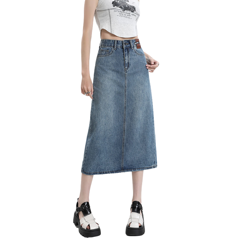 Langsha Women's Denim Skirt 2026 New High-Waist A-Line Slimming Back Slit Casual Mid-Length Pencil Skirt