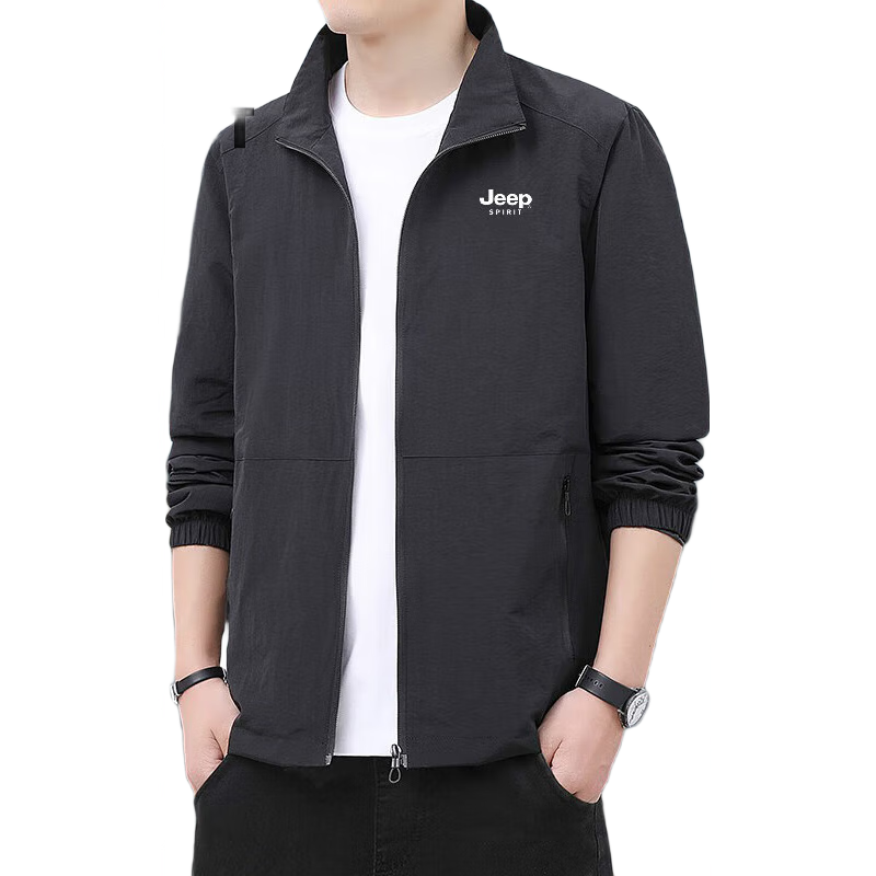 JEEP SPIRIT Men's Casual Versatile Lapel Jacket, Outdoor Sports Loose Coat Top, Black, Size L