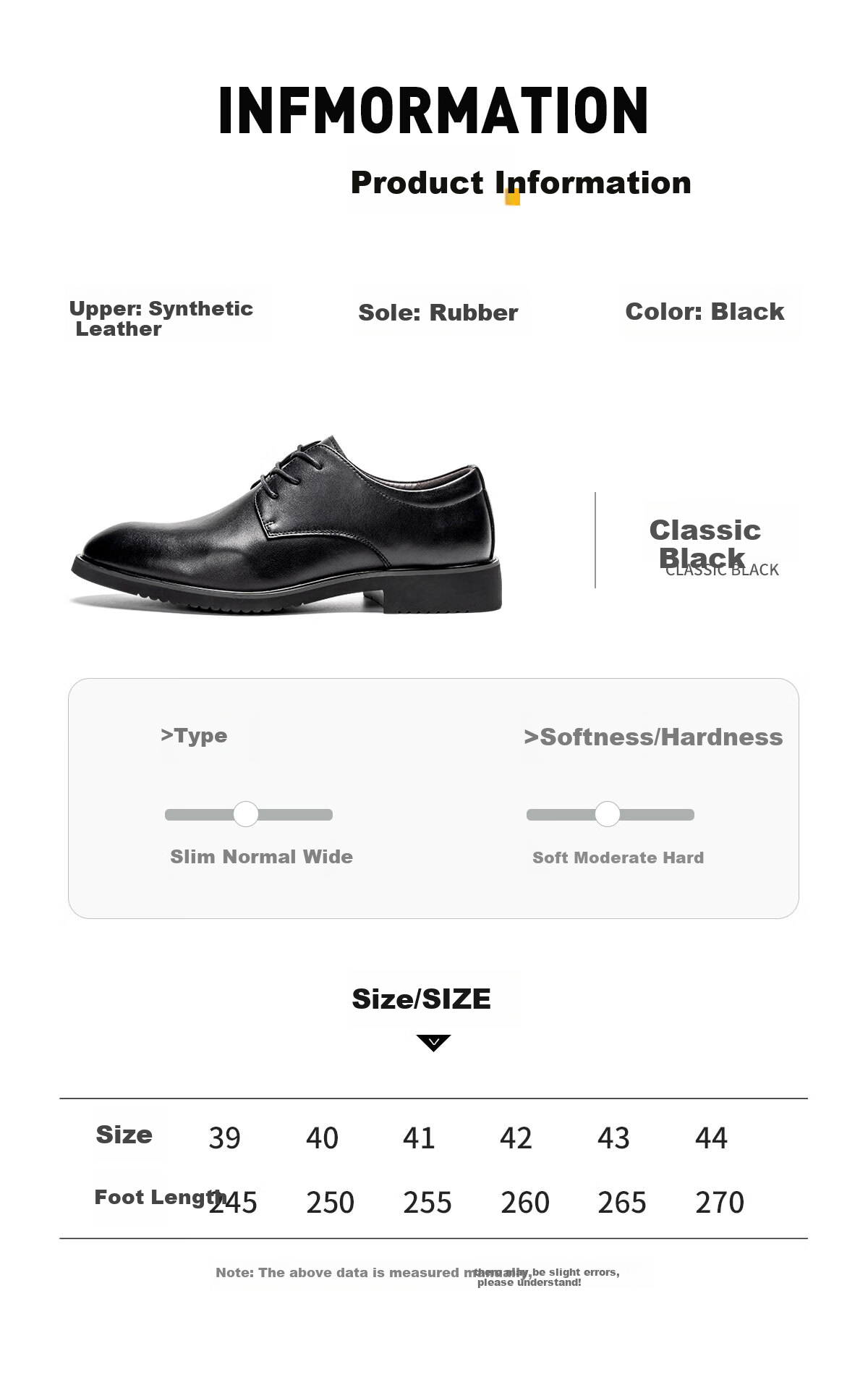 Huili Leather Shoes for Men, Business Casual Shoes, Fashionable Versatile Wedding Groom Formal Derby Shoes, Black (Height Increasing), Size 44 6