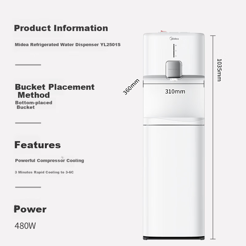 Midea Water Dispenser And Tea Bar Machine, Home Bottom-Loading Compressor Cooling Purified Water System All-In Living Room Floor-Standing Kettle, High-End Bottled Office Cold And Hot Dual Temperature YL2501S