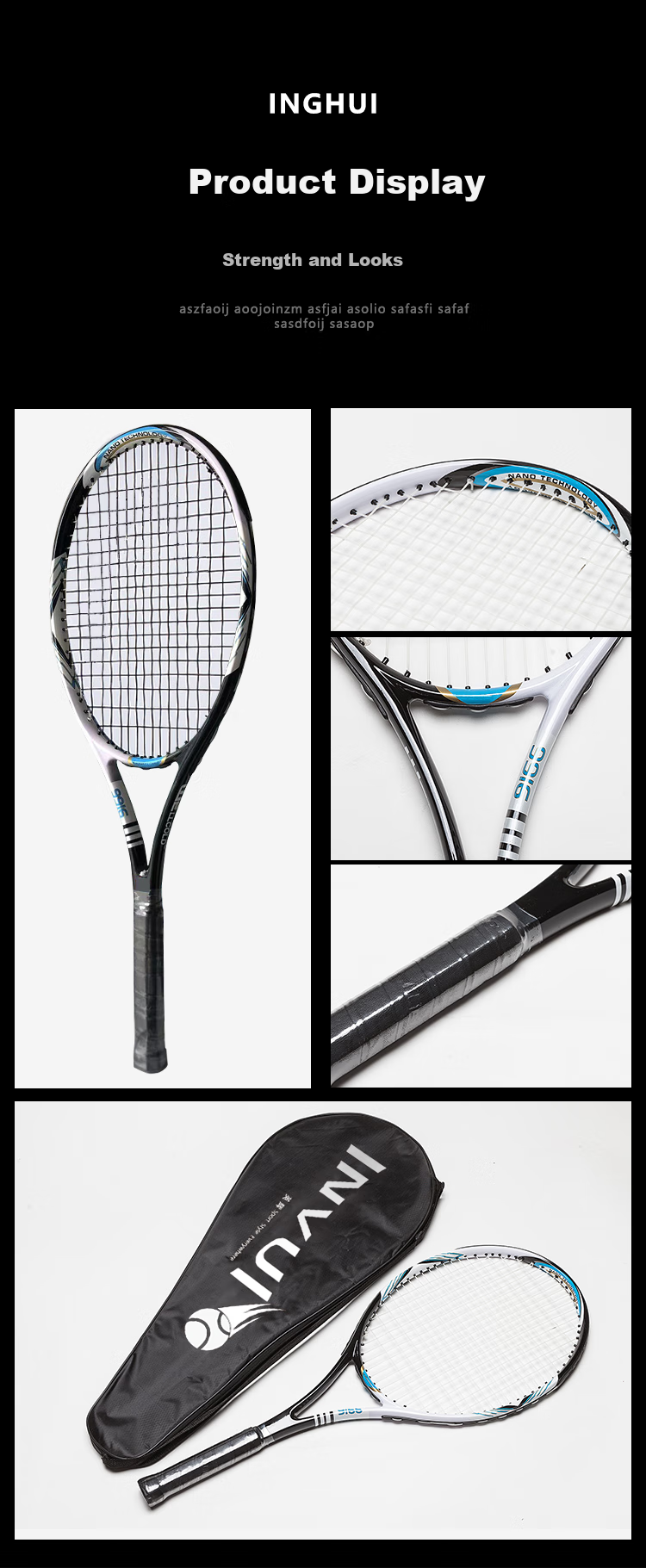 INVUI Tennis Racket Integrated Carbon Composite, Beginner Racket, Tennis Rebound Trainer, with String Tennis Racket, Racket Case 6