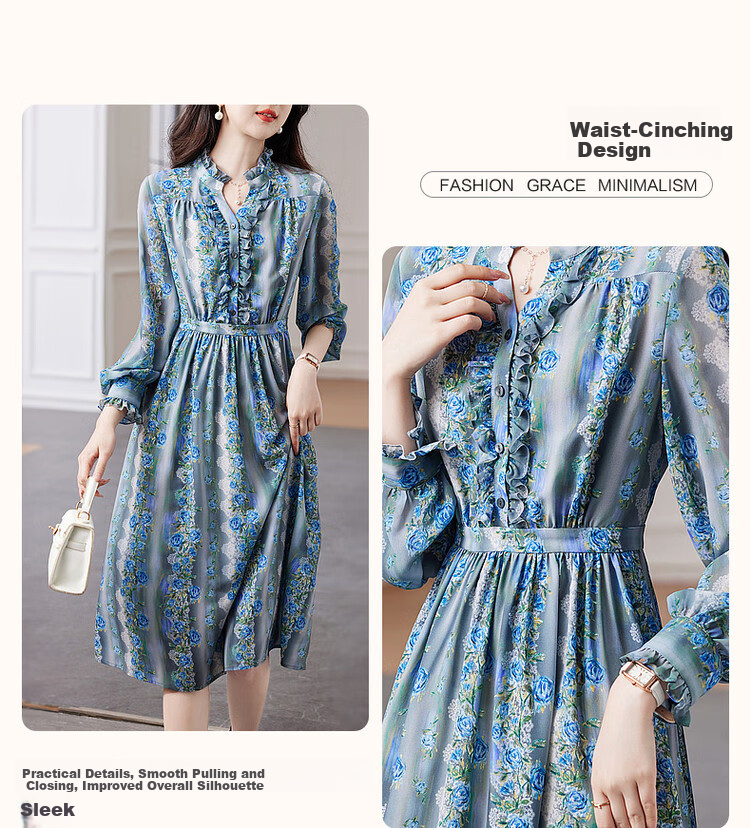 Dme [Huayao Crinkle Floral Print Dress], Spring And Autumn Stand-Collar Waist-Cinching Ruffle Trim Dress for Wome 5