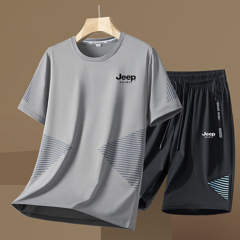 JEEP SPIRIT Men's Short-Sleeve T-Shirt, Summer Half-Sleeve Top And Shorts Set, Ice Silk Breathable Two-Piece Suit, Light Gray, XL 12