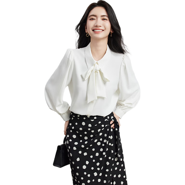 Bodexiaojie Women's Chiffon Bow Tie Blouse, Professional Commute Formal Wear, Inner Layer for Petite Figures, Interview Shirt, Smog Blue, Size L