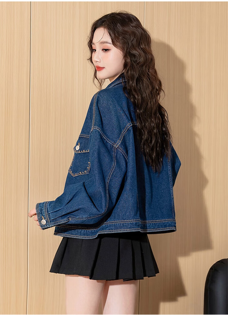 TonLion 2025 Spring Women's Lapel Pocket Detail Denim Jacket, Dark Denim Blue, M 7