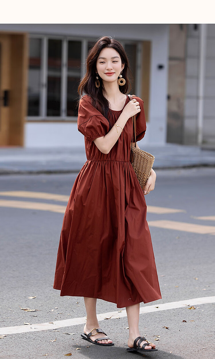 Demana [Klein Blue] Summer French Style Pure Cotton Gathered Loose Waist Puff Sleeve A-line Mid-length Women's Dress 16
