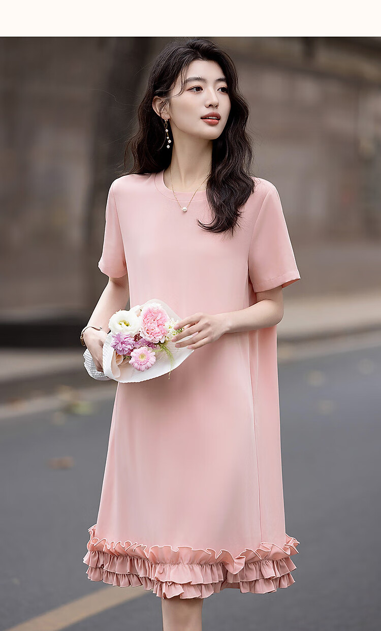 Dme [Tianren Gentle Styling] Summer Shiny 80D Linen Mushroom Edge A-Line Mid-Length Women's Dress 10