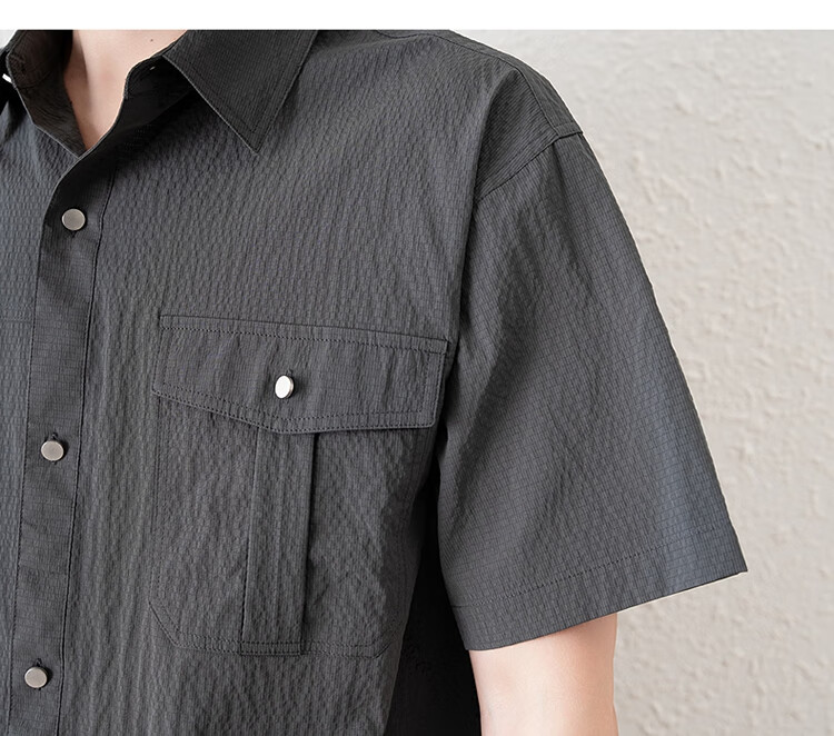 TonLion 2025 Summer Men's Lapel Front Chest Single Pocket Split Short-Sleeve Shirt 8