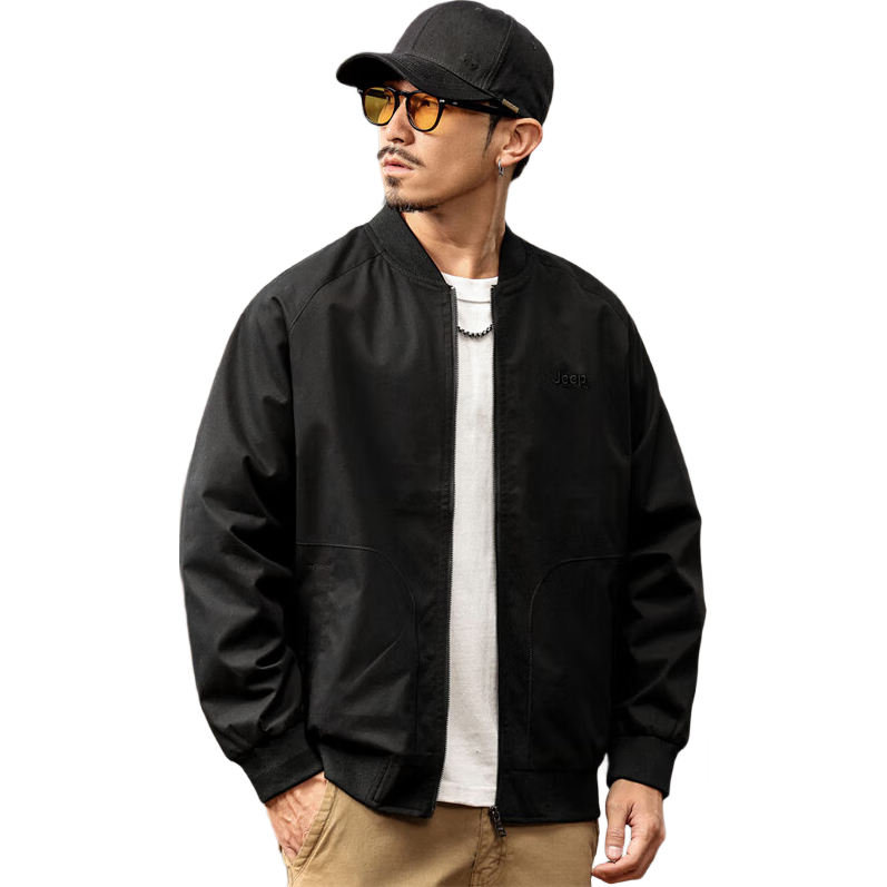JEEP Men's Jacket, Loose-Fitting Workwear Administrative Coat, Baseball Uniform, Casual Outerwear for Spring And Autumn, Black, Size M