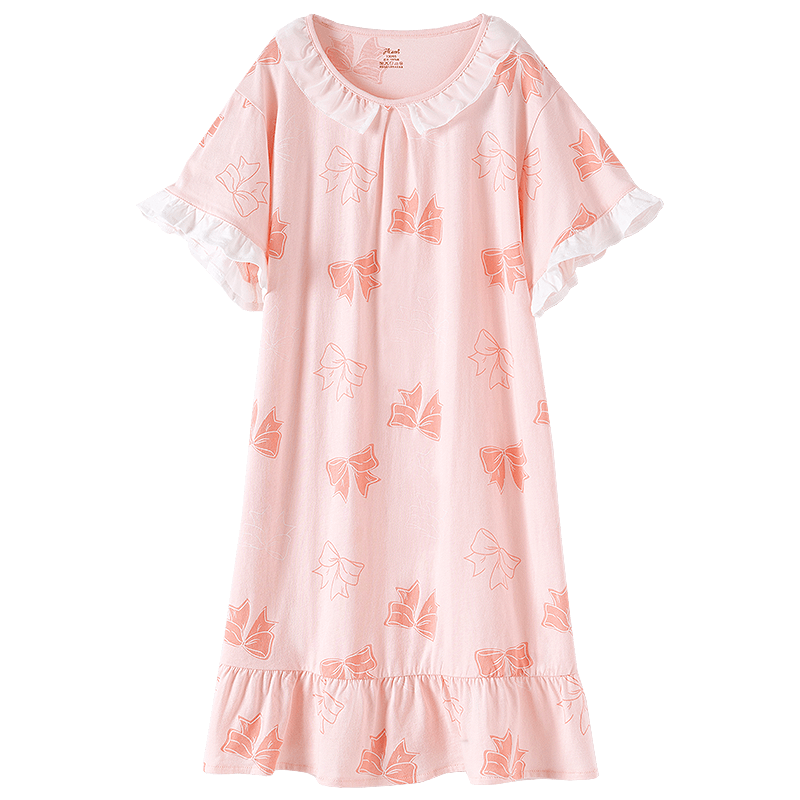 Dingguagua Top-Notch Girls' Cotton Short-Sleeve Nightgown, Summer Sleepwear for Older Children, Sweet Style One, Size 150