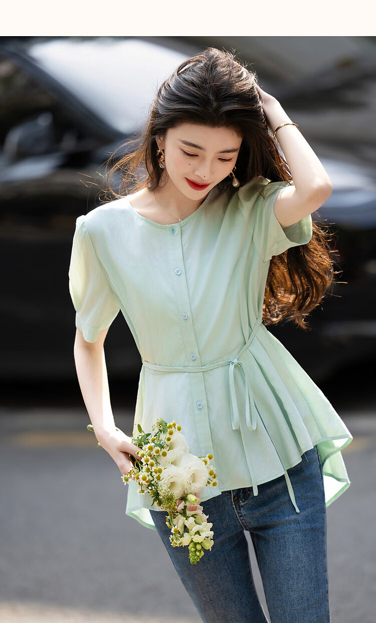 Dme [Elegant Top Student] Summer Comfortable Draping Cotton Wrinkle Shirt with Puff Sleeves And Belt, Women's Blouse Top 8