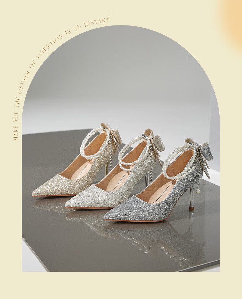 ZHR High Heels for Women, Fairy Crystal Wedding Shoes, Pearl Pointed Toe Shoes, Thin Heel Shallow Mouth Pumps, Suitable for Dresses, IE01 Silver Color, Size 39 3