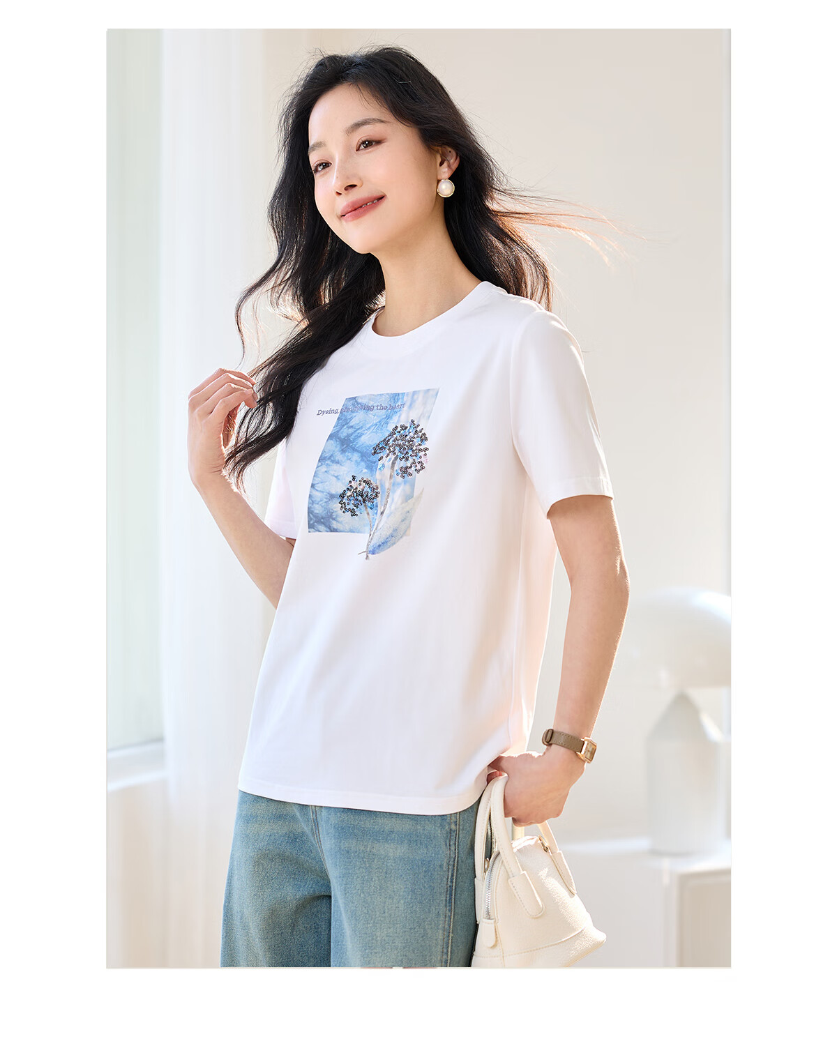 Chushen Summer Short-Sleeve T-Shirt for Women, Fashionable Round Neck, Heavy Embroidery with Sequins, Casual Top S52T029 12