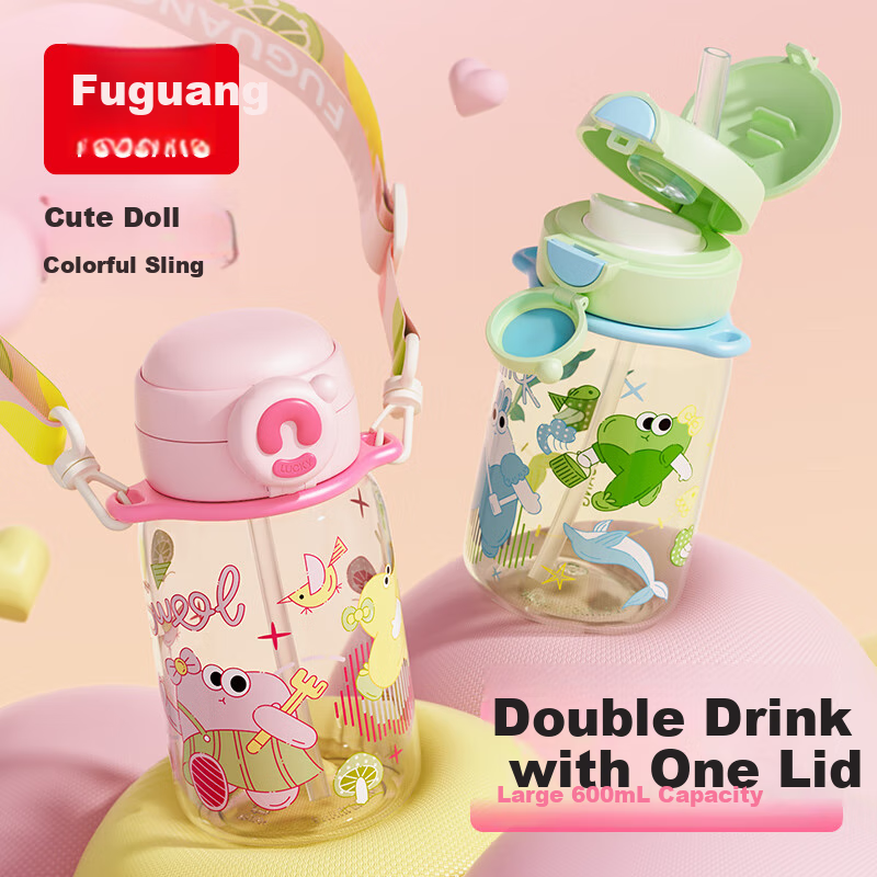 Fuguang Children's Water Bottle with Dual Drinking Straws, Stylish Tritan Plastic Cup for Female College Students, Large Capacity 600ml