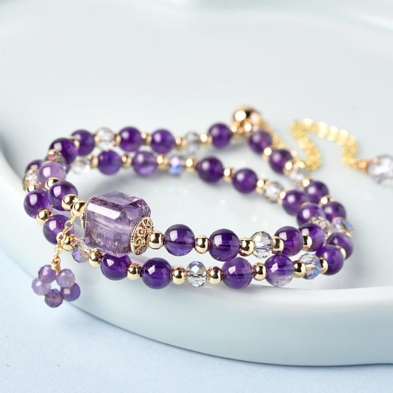 Lingfei Natural Amethyst Round Bead Double Circle Bracelet Women's Fresh Design Birthday Gift with Certificate