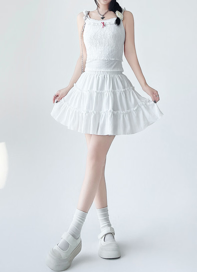 LangSha White Summer Skirt for Women High-Waist A-Line Ballet Style Puffy Cake Skirt with Anti-Exposure Lining 4