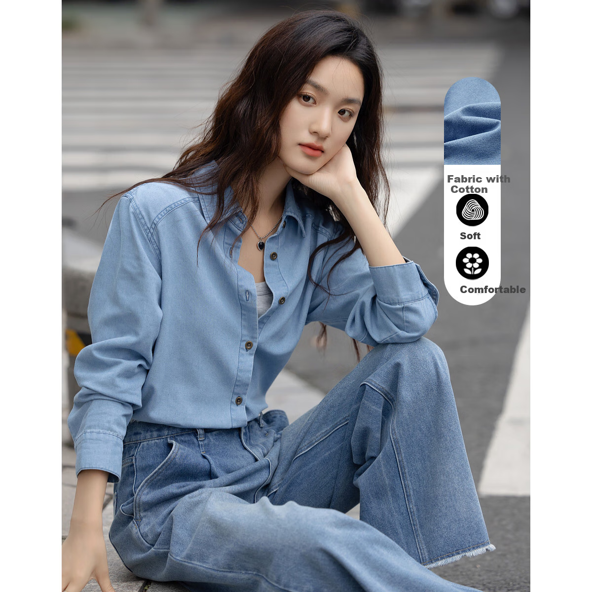 Dme [Zhinai Daning] Spring Simple Lapel Patchwork Shirt, Comfortable Concealing, Stylish Denim Blouse, Women's Top