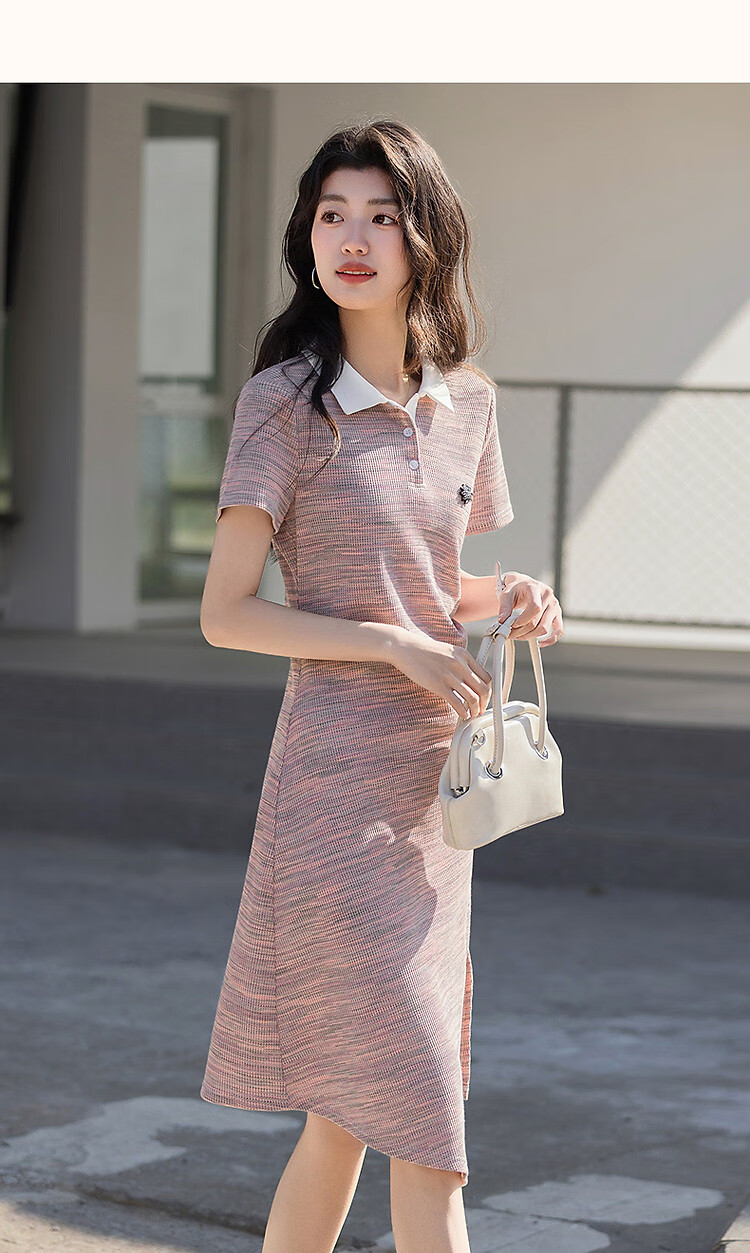 Demana [With Cloud Cotton] Summer Smart Color-Block Polo Collar Pleated Waist Color Yarn Knit Women's Dress 15