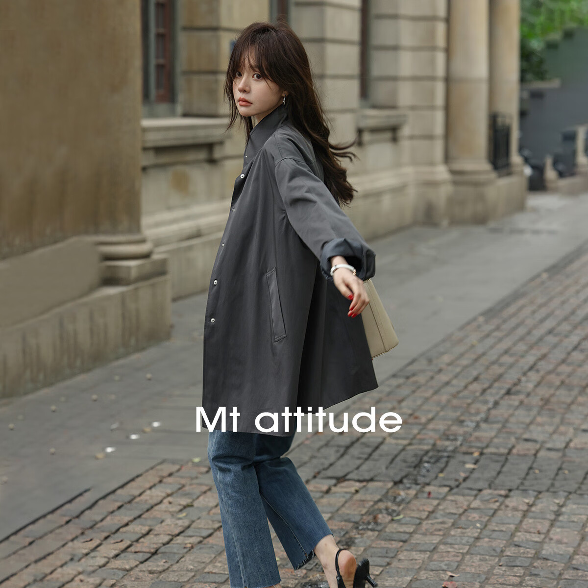 MT Grey British Style Autumn Stand Collar Wide Edge Pocket Design Loose Mid-Length Trench Coat