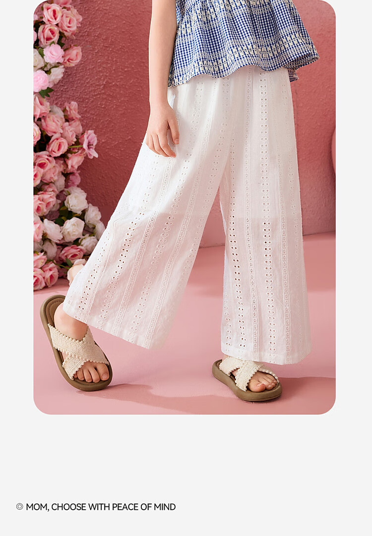 ASK JUNIOR Cotton Kids Summer Hollow Lace Embroidered Straight Leg Breathable Long Pants for Girls and Teens 14