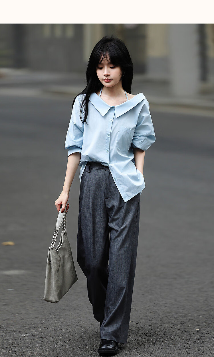Dme [Pure Cotton Dominant Area] Spring And Autumn Korean-Style Slightly Chubby Pear-Shaped Shirt, Off-Shoulder, Tie-Waist, Concealing Shirt, Women's Top 9