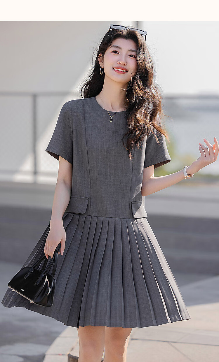 Demana [Private Style] Summer Round Neck Loose Waist Bag Cover Decorative Back Center Hidden Zipper A-Line Pleated Women's Dress 15