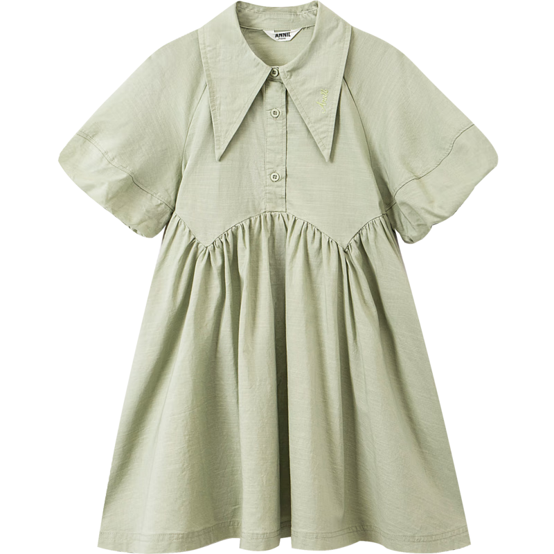 Annil Girls' Short-Sleeve Dress, New Summer Style 2024, Elegant Gray-Green, Size 130