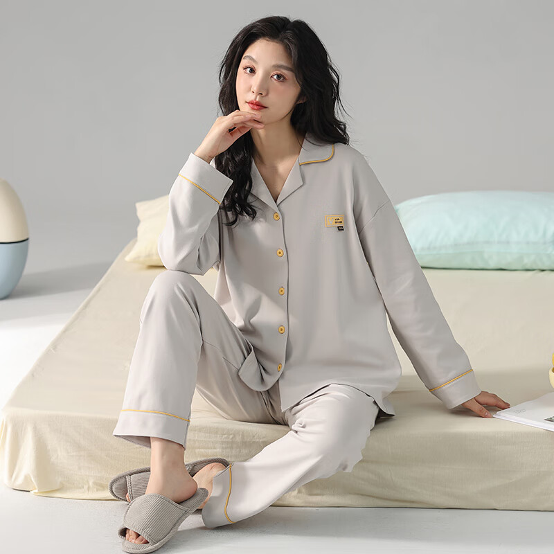 FENTENGCARE New Women's Pajamas for Spring And Autumn, Cardigan with Lapel, Sweet Style, Lightweight Pure Cotton Solid Color Loungewear Two-Piece Set