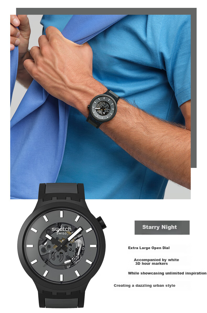Swatch Swiss Watch, Skeleton Large Dial Trendy Gift for Boyfriend, Exam Watch Wristwatch Graduation Present, Black Night Starry Sky 1