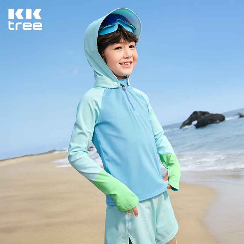 Kocotree Children's Swimwear Set, Original Yarn Sun Protection Antibacterial Long Sleeve Swimsuit for Boys And Girls, Sky Blue, Size 130