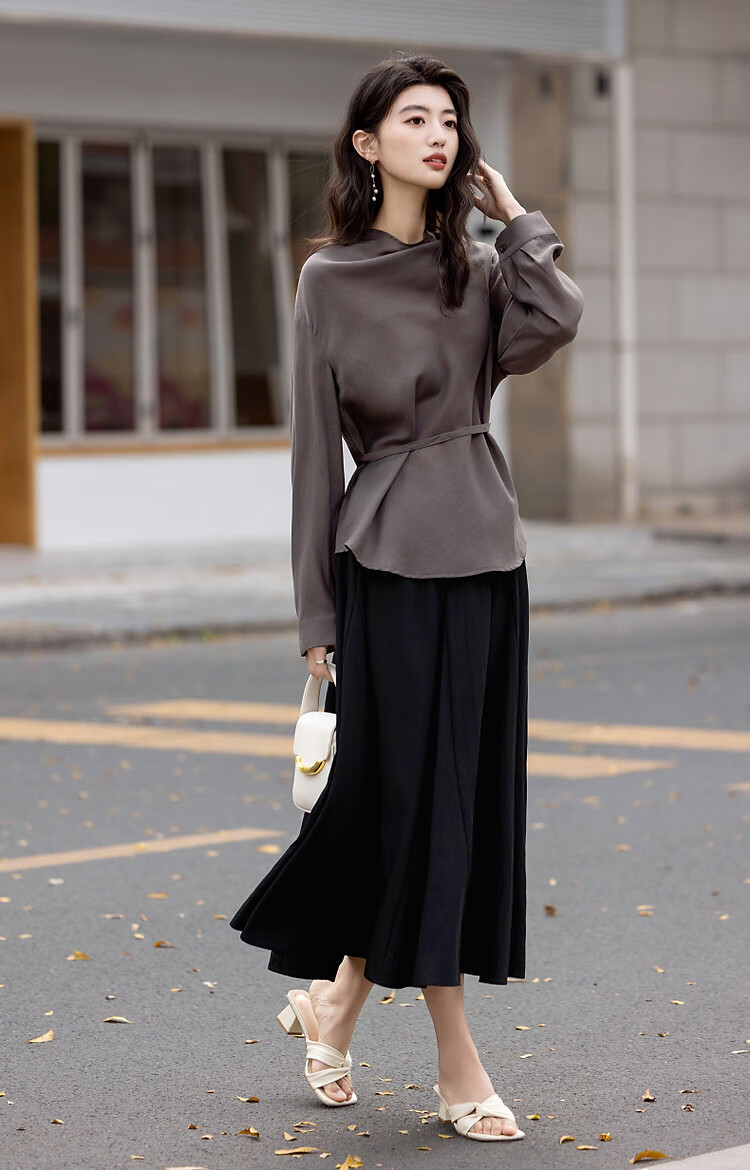 Dme [Designer's Private Label], Autumn Elegant Flowing Collar Shirt with Tie-Up Back, Long-Sleeve Blouse, Women's Top 8