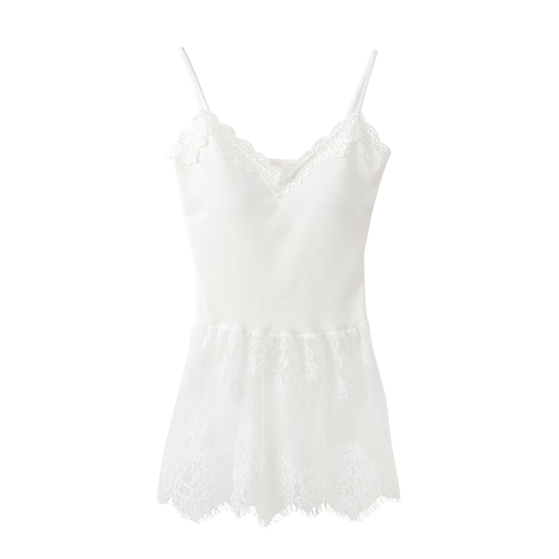 Free Style White V-Neck Lace Camisole Women Summer Inner Wear Ruffled Hem Mesh Splicing Sleeveless Top