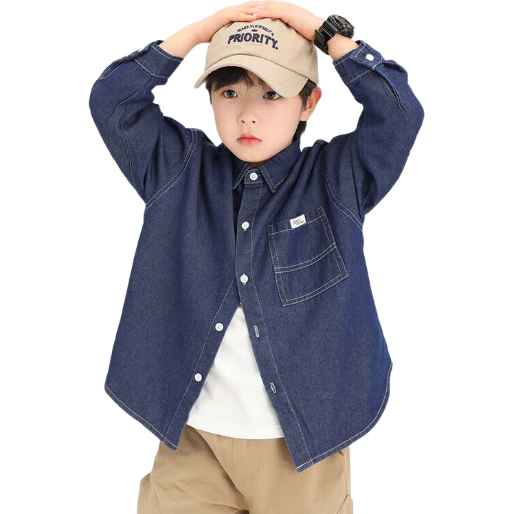 Zoxi Boys Denim Shirt Children's Jacket Long Sleeve 2025 New Spring Autumn Boys Shirt Dark Denim 140