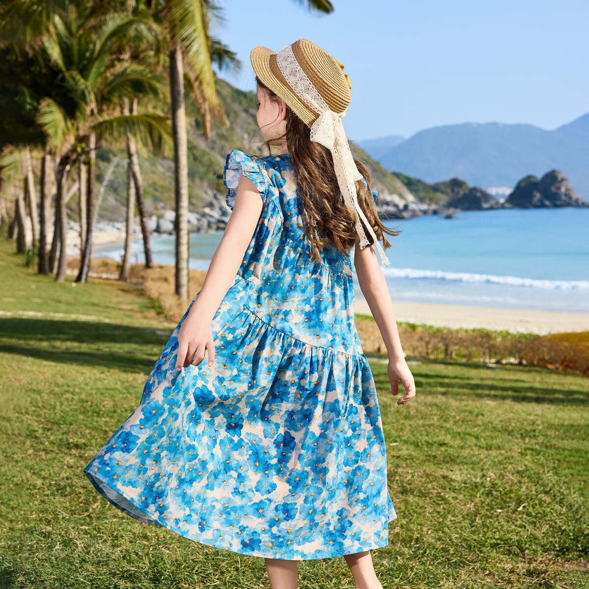 ASK JUNIOR Children's Pure Cotton Dress, Summer Short-Sleeved Dress, Floral Pattern with Ruffle Trim, Girls' Princess Dress