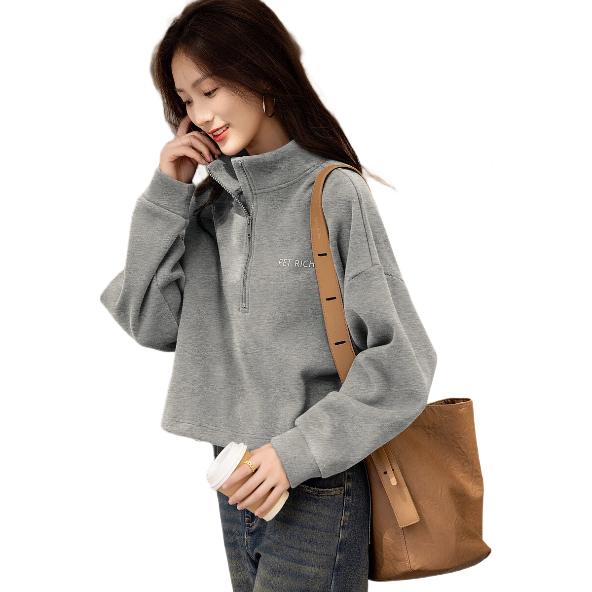 Dme [Intelligent Relaxation] Winter Simple Style Cloud-Feel Cotton Letter Silicone Printed Fashionable Stand-Collar Zipper Sweatshirt Women's Top