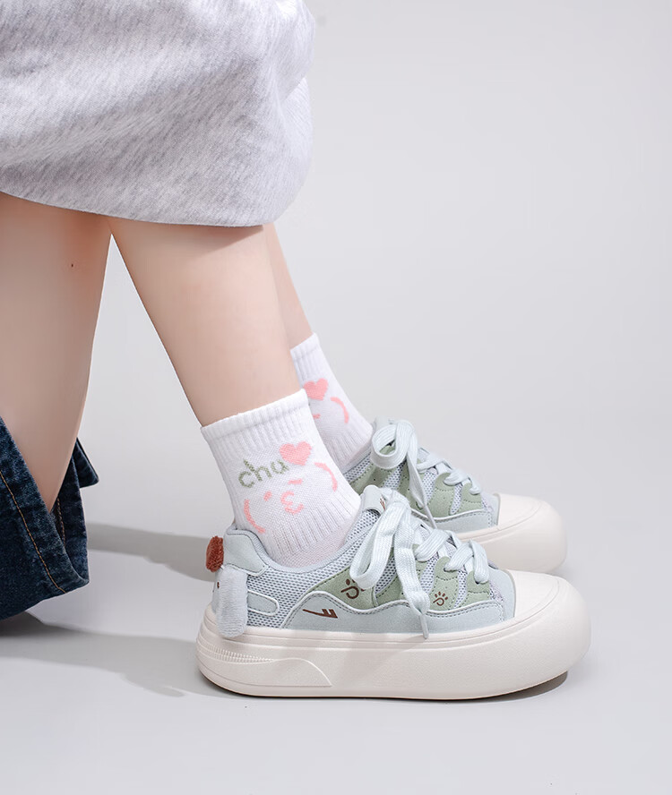 Warrior Women's Spring New Thick-Soled Casual White Sneakers 5022 Beige/Light Blue Size 35 5