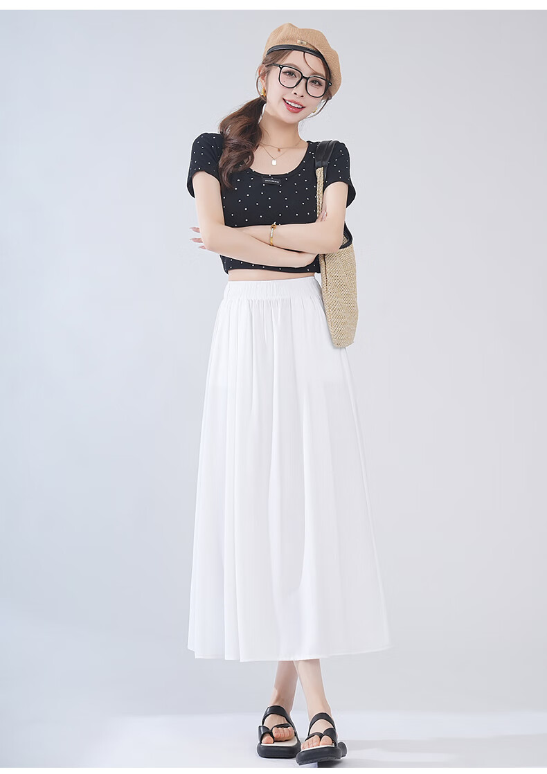 BOPRUIEY Ice Silk Midi Skirt for Women, Summer 2026 Latest Thin Elastic A-Line Draping Wide Hem Umbrella Skirt 16