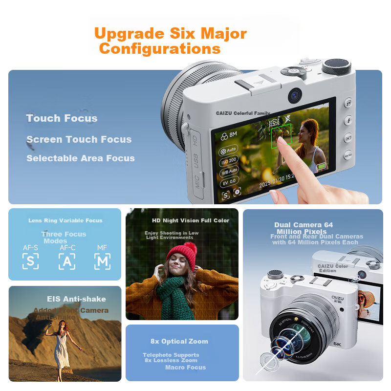 CAIZU Dual-Lens True 8x Optical Zoom Digital Camera, Photography And Travel-Specific Mirrorless Camera, Domestic Hisilicon Chip Lens, Variable Focus Camera, Birthday And Holiday Gift