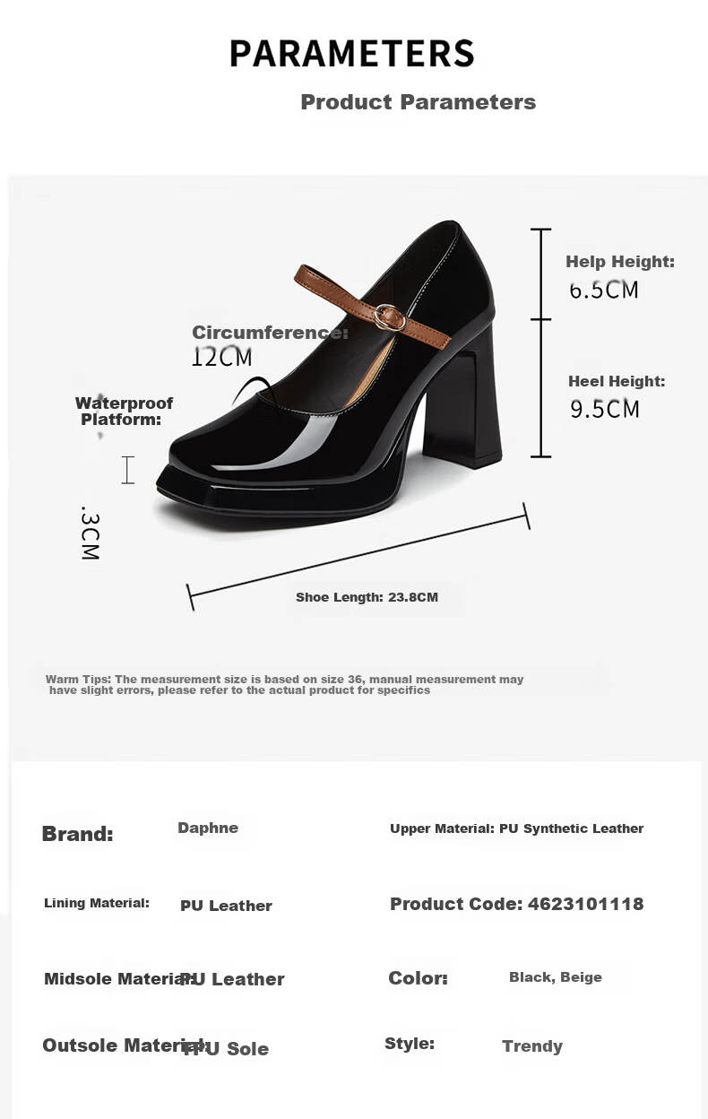 DAPHNE Ultra High Heels for Women, French Elegant One-Strap Buckle Square Toe Chunky Heel Pumps Women's 4623101118 Black Size 34 3