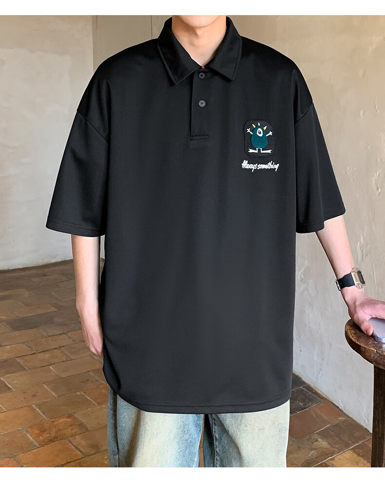 Foss Phil Short-Sleeve Polo Shirt for Men And Women, Summer Casual Loose Versatile Ice Silk Lapel American-Style T-Shirt, 226 Black 2XL 10