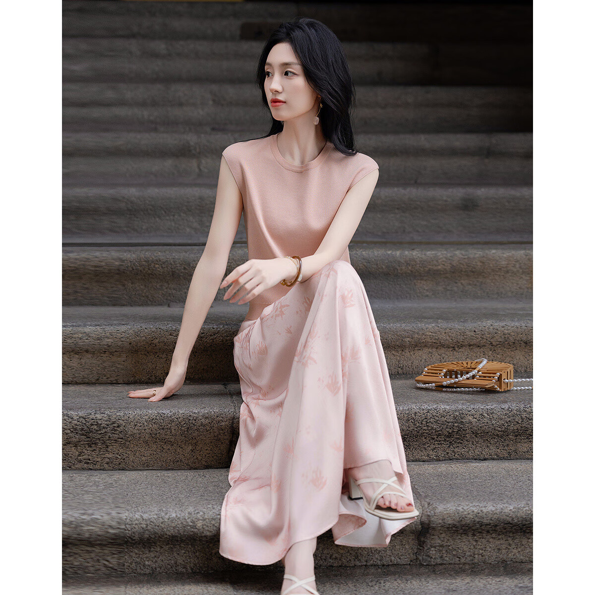 Demana [Guofeng Ice Silk Set] Spring Summer Elegant New Chinese Style Sleeveless Top Printed A-line Skirt Women's Two-piece Set
