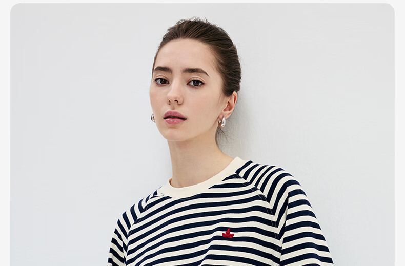 Navikail Italian Small Sailboat Women's Cotton Loose Long Sleeve Sweatshirt Striped Crew Neck T-Shirt 2315005501 Red White L 1
