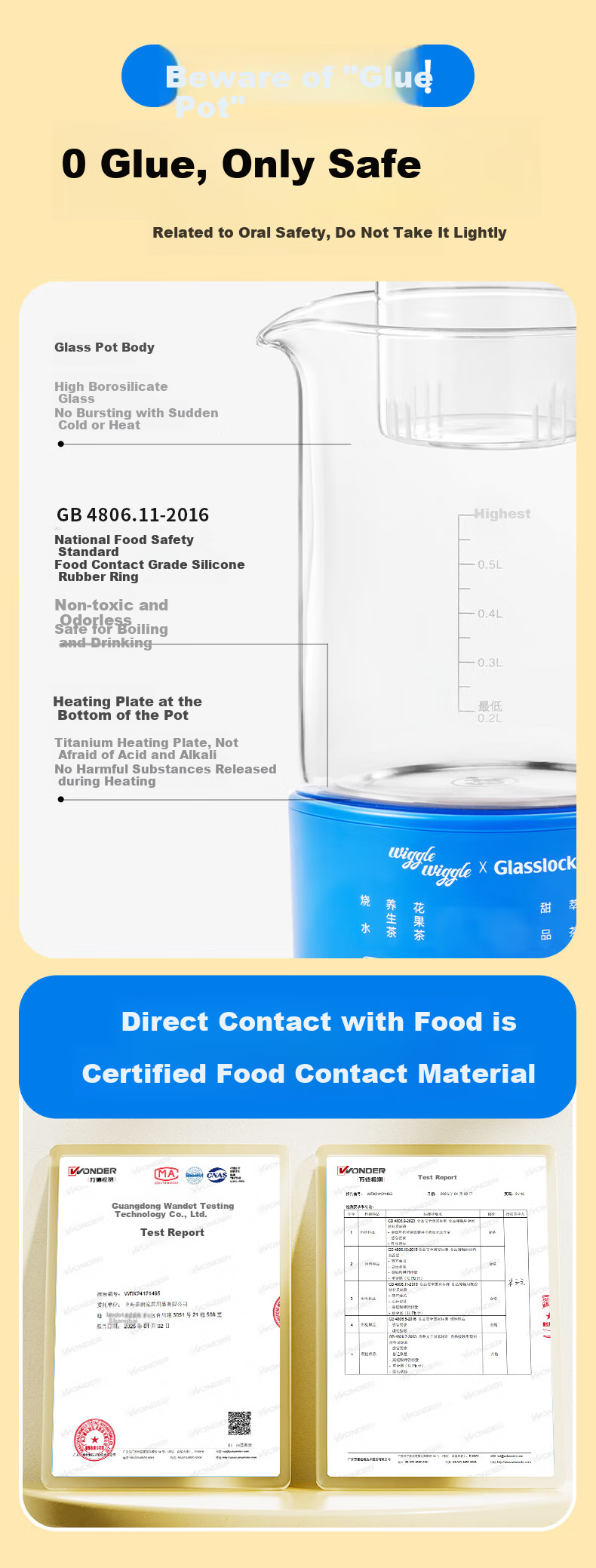GLASSLOCK Gailang & WiggleWiggle Co-Branded Pure Titanium Health Pot, Constant Temperature Water Boiler for Brewing Flower Tea, Office Mini Small Personal Use 0.6L with Auto Power-Off 2