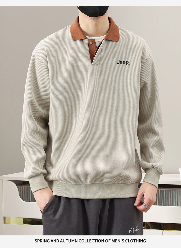 JEEP Men's Sweatshirt, Spring And Autumn Heavyweight Polo Collar Long Sleeve Casual Top, Black, 3XL 6