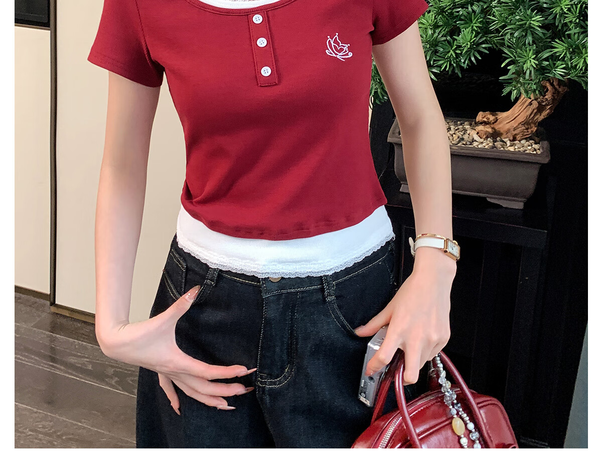 Halo Queen Women's Short-Sleeve T-Shirt, Round Neck, Red And White Contrasting Color Lace Splicing, Slim-Fit Embroidered Bow Waist-Cinching Slimming H52T076 23