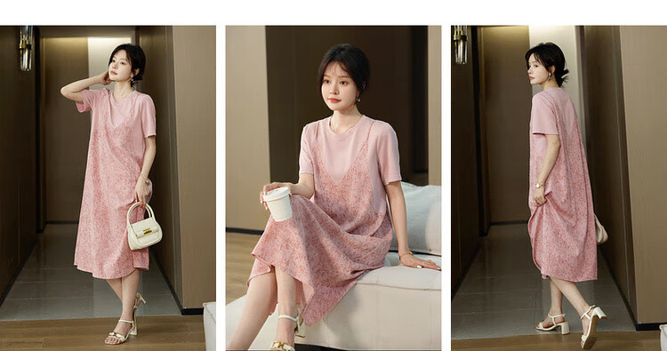 MT Artistic Tie-Dye Summer Urban Commuter Patchwork Crew Neck Short Sleeve T-Shirt A-Line Long Dress for Women 3